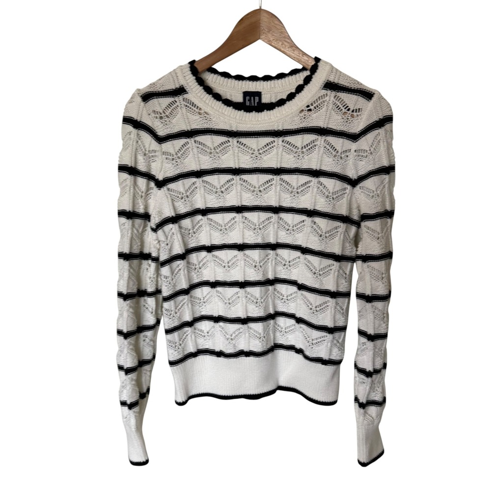 Gap Sweater Womens XS White Black Excellent Striped Pointelle Knit Cotton